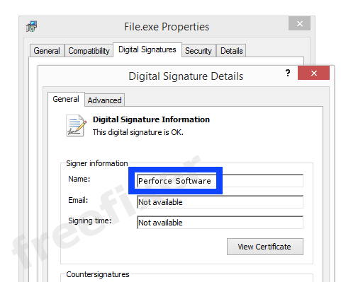 Screenshot of the Perforce Software certificate